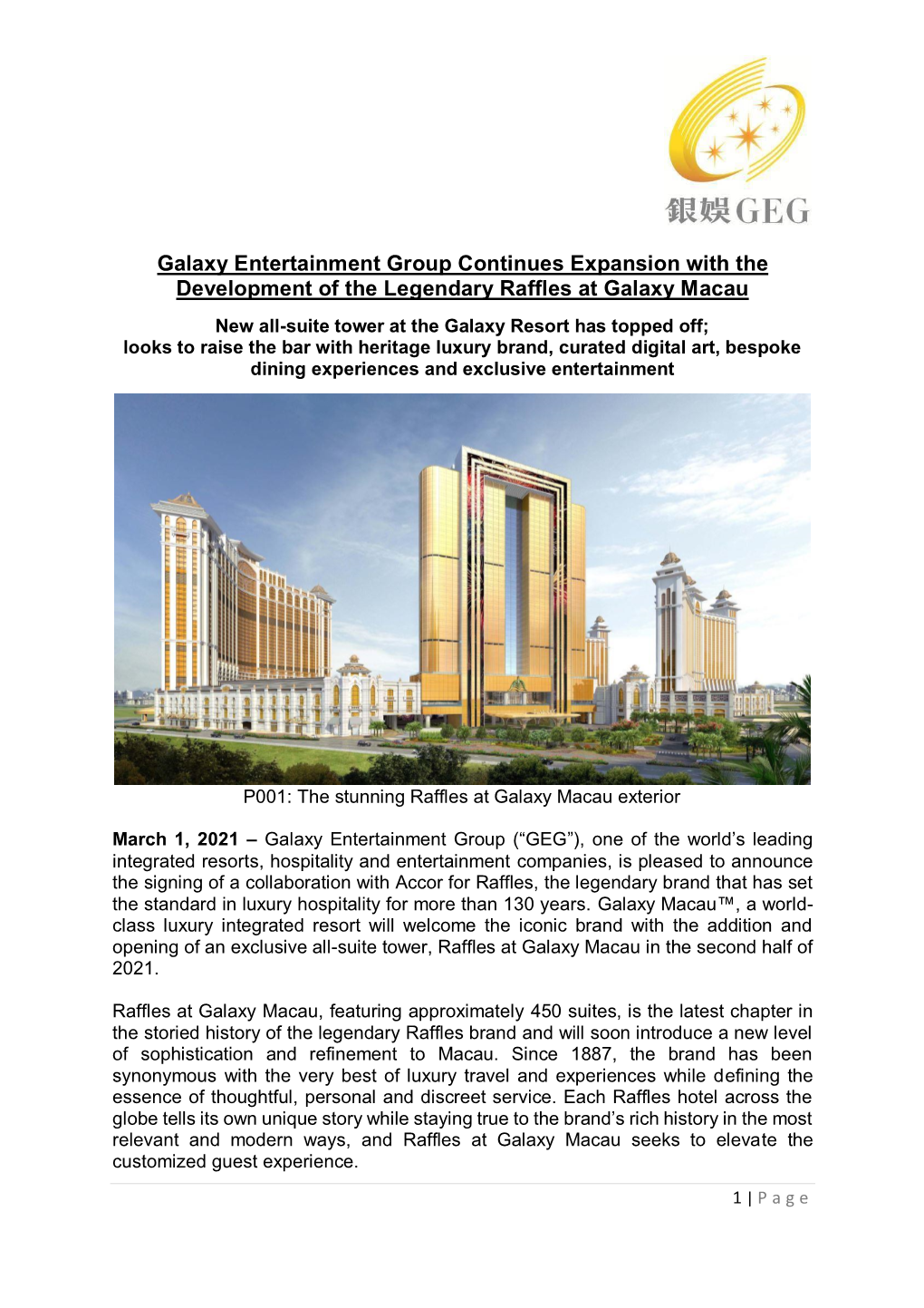 Galaxy Entertainment Group Continues Expansion with the Development of the Legendary Raffles at Galaxy Macau