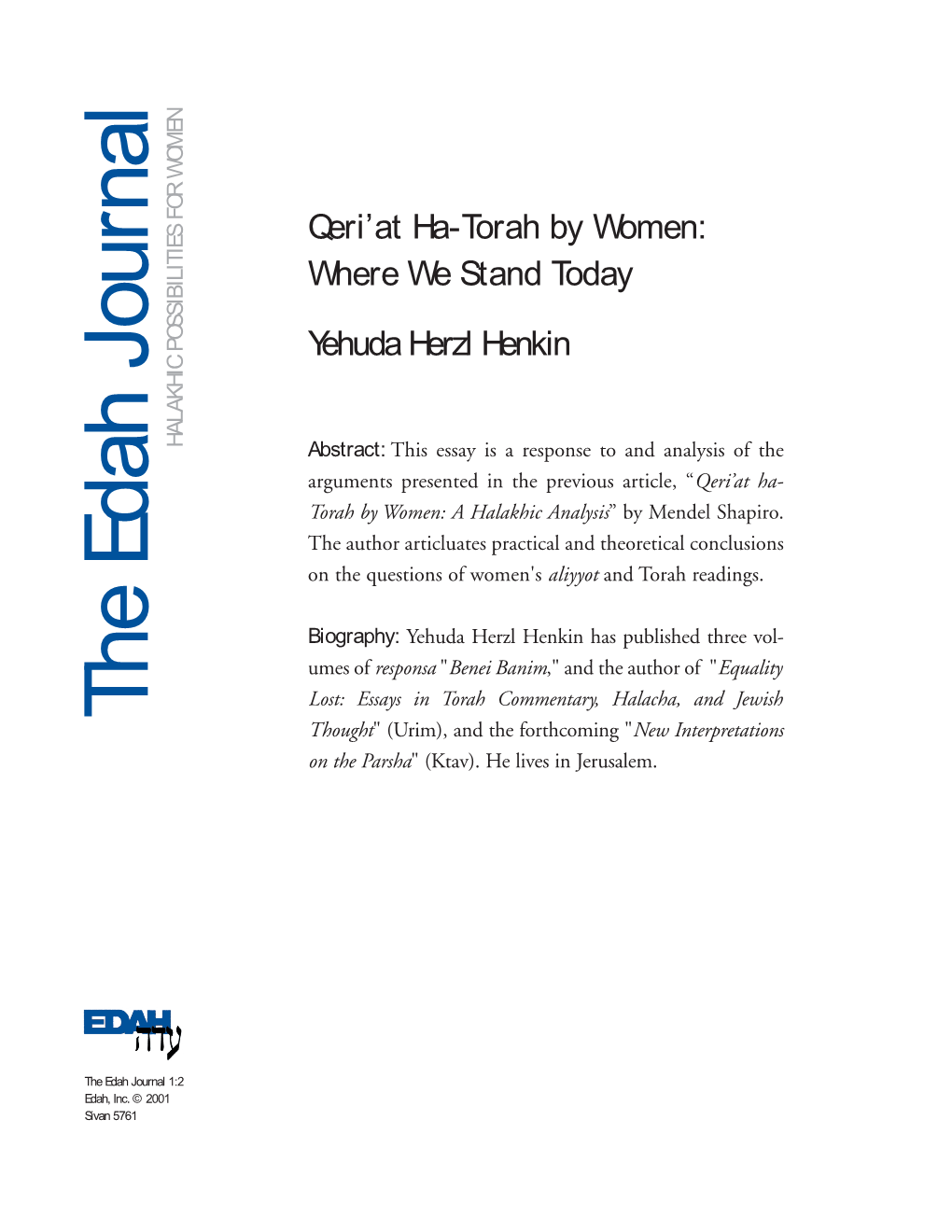 Qeri''at Ha-Torah by Women: Where We Stand Today
