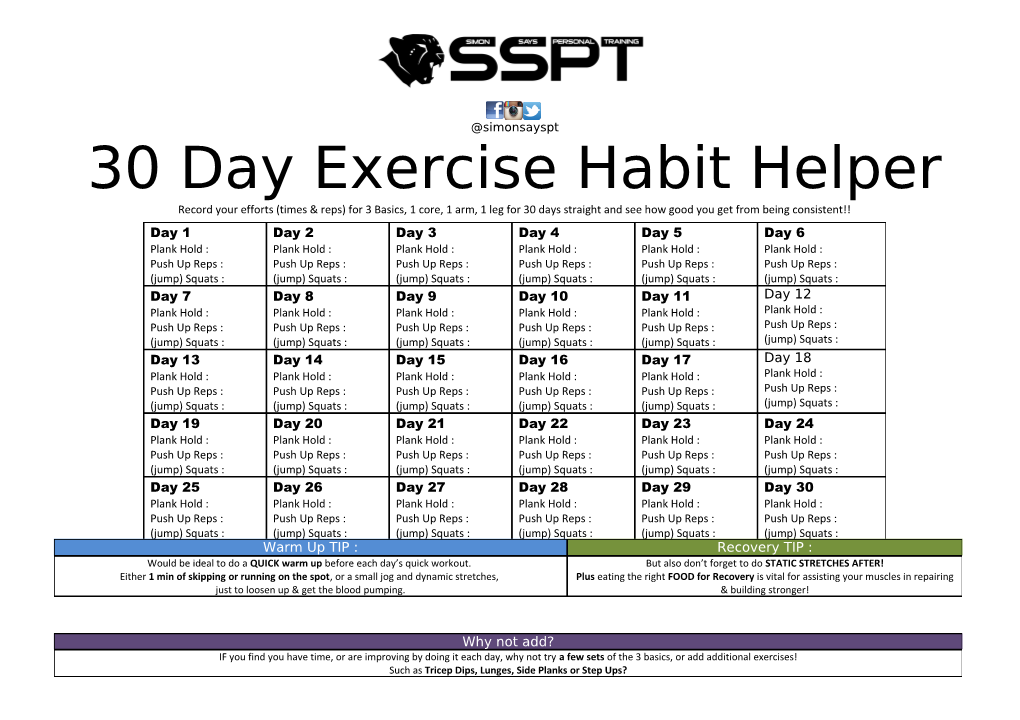 30 Day Exercise Habit Helper