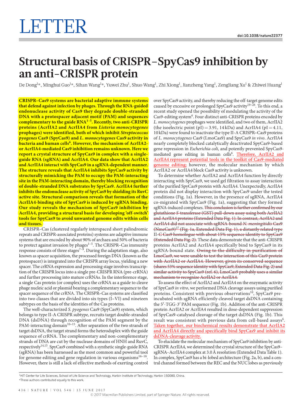 Structural Basis of CRISPR–Spycas9 Inhibition by an Anti-CRISPR Protein