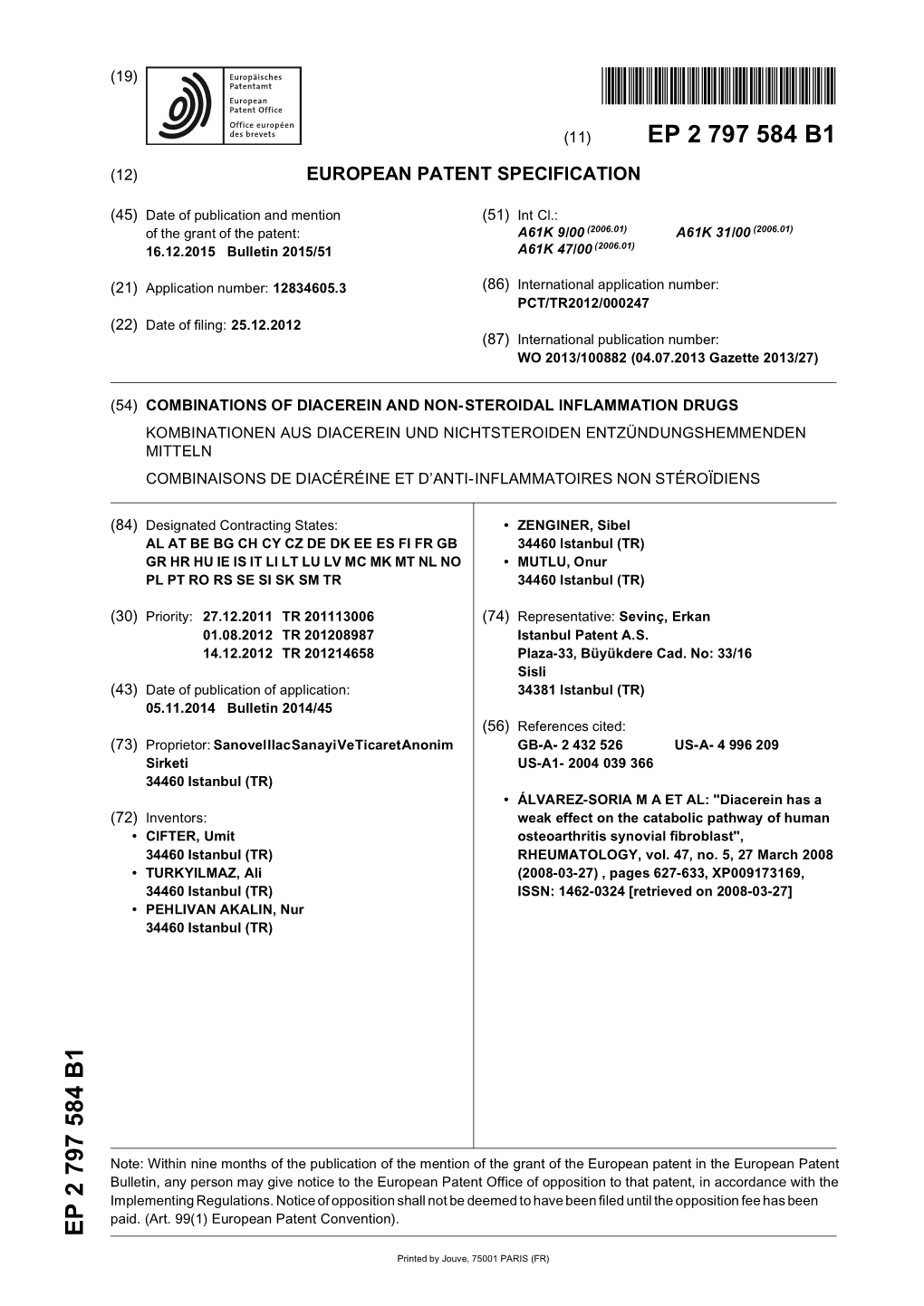 Combinations of Diacerein and Non-Steroidal Inflammation Drugs