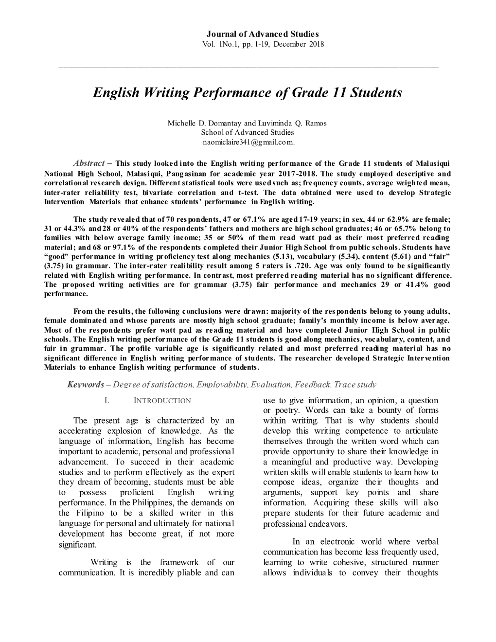 English Writing Performance of Grade 11 Students