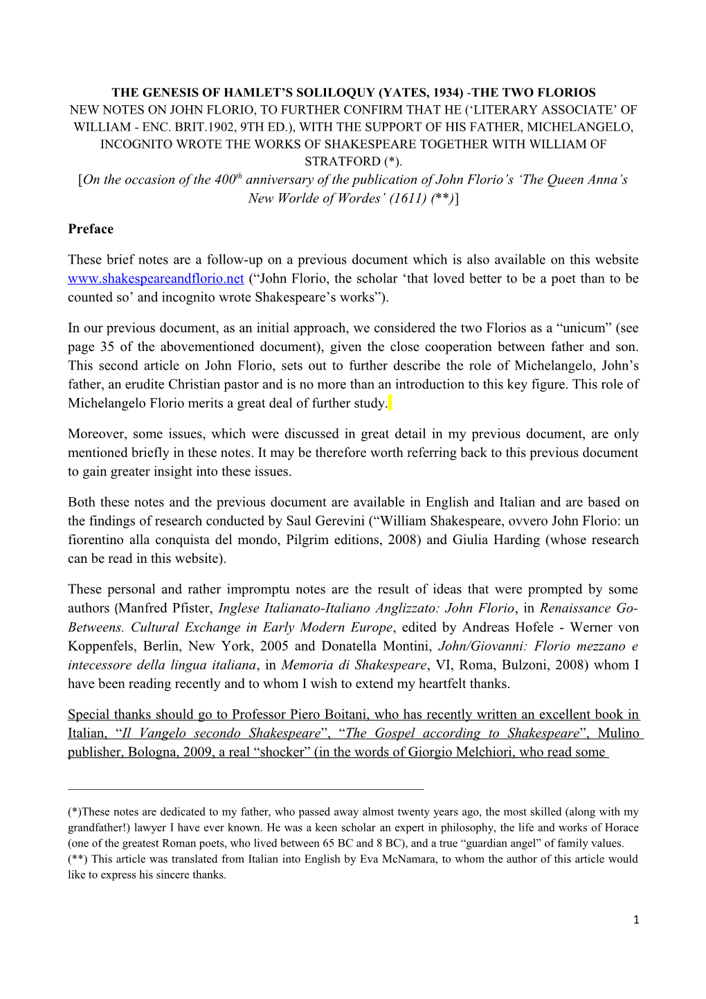 On the Occasion of the 400Th Anniversary of the Publication of John Florio’S ‘The Queen Anna’S New Worlde of Wordes’ (1611) (**)]