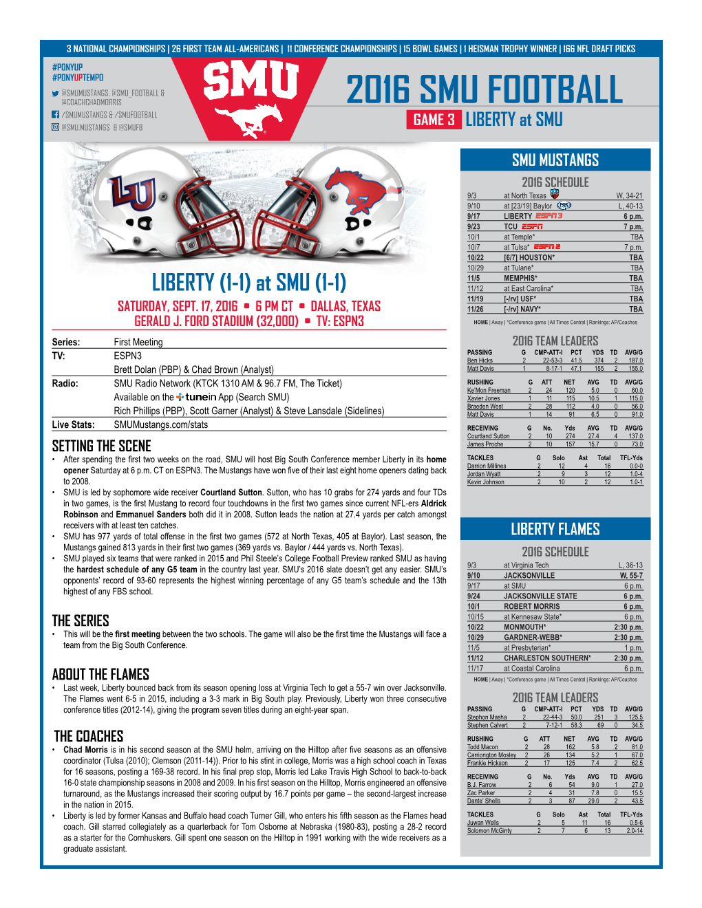 2016 SMU FOOTBALL /SMUMUSTANGS & /SMUFOOTBALL @SMU.MUSTANGS & @SMUFB GAME 3 LIBERTY at SMU