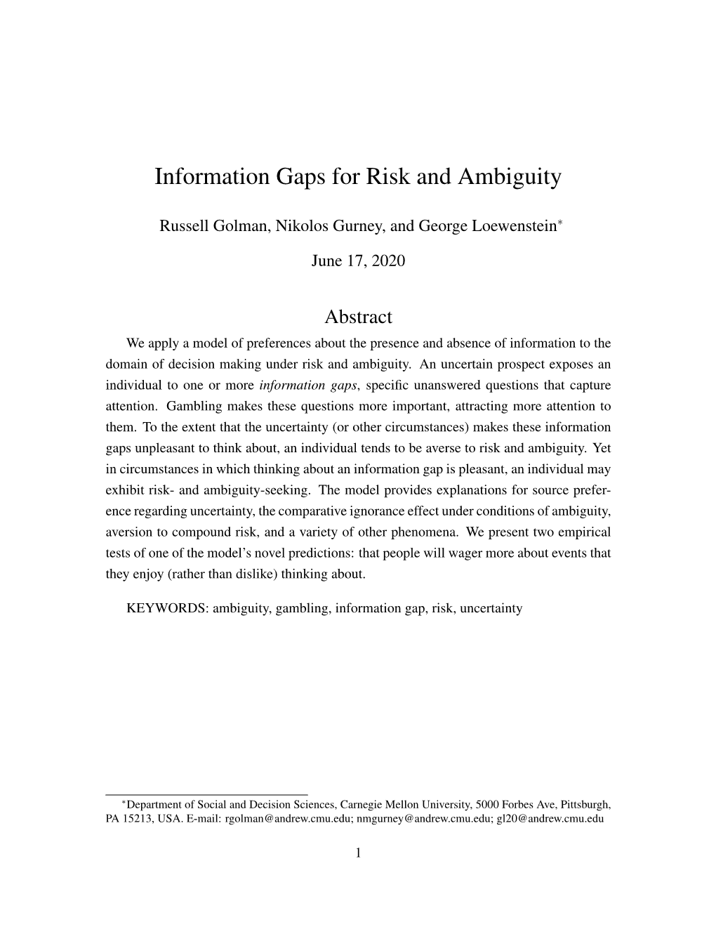 Information Gaps for Risk and Ambiguity