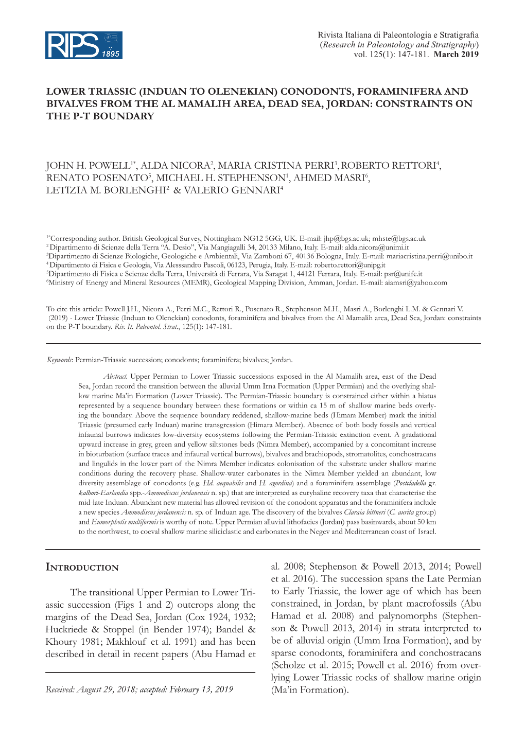 Lower Triassic (Induan to Olenekian) Conodonts, Foraminifera and Bivalves from the Al Mamalih Area, Dead Sea, Jordan: Constraints on the P-T Boundary