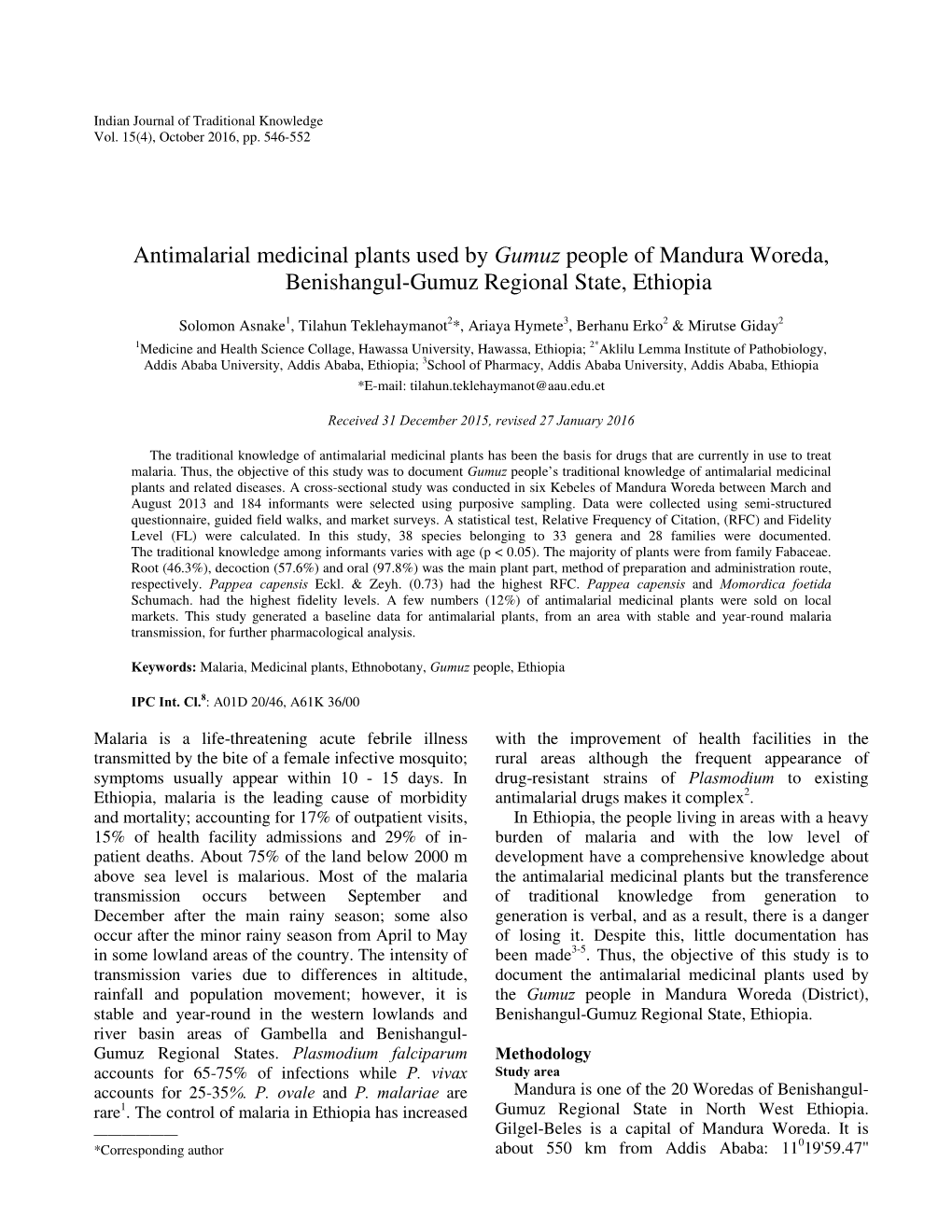 Antimalarial Medicinal Plants Used by Gumuz People of Mandura Woreda, Benishangul-Gumuz Regional State, Ethiopia