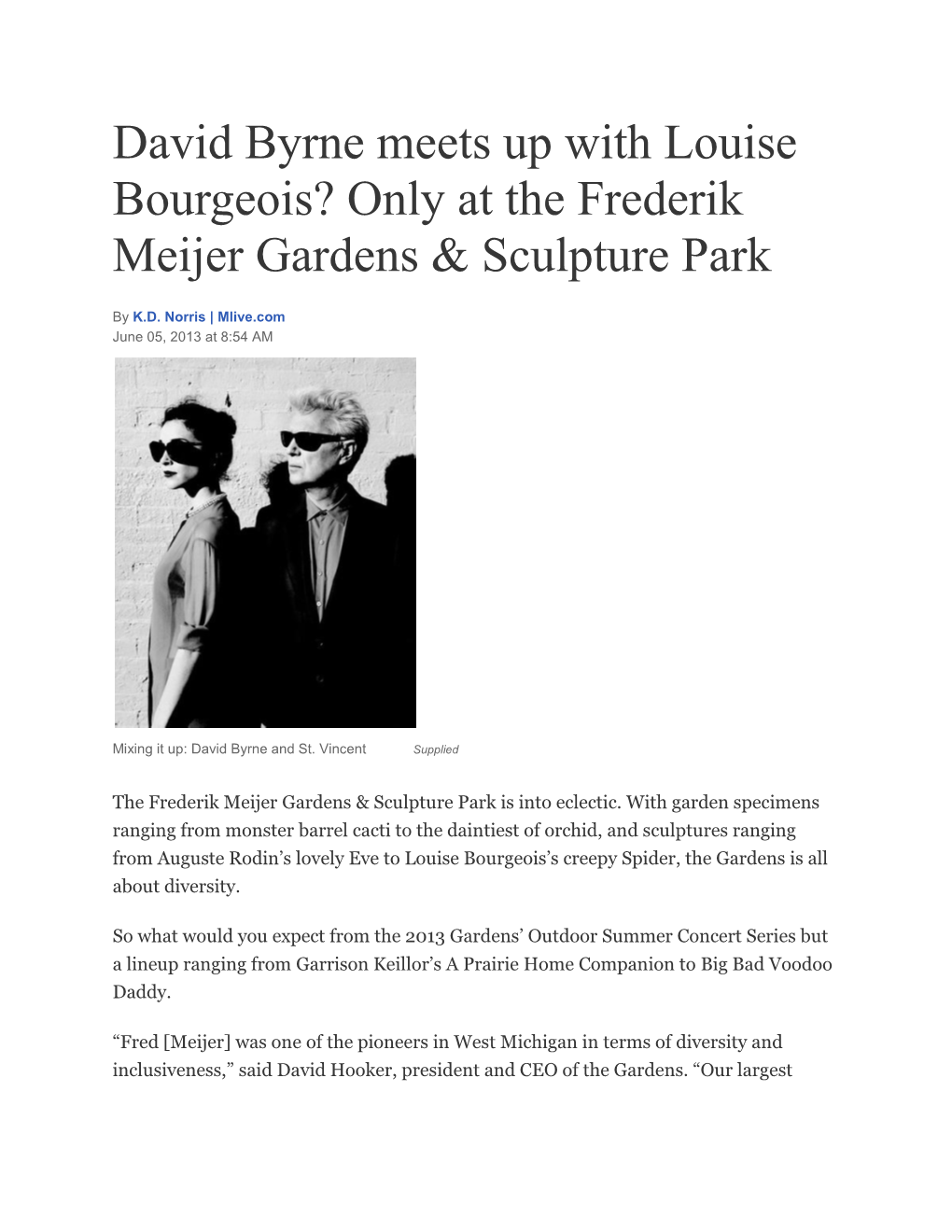 David Byrne Meets up with Louise Bourgeois? Only at the Frederik Meijer Gardens & Sculpture Park