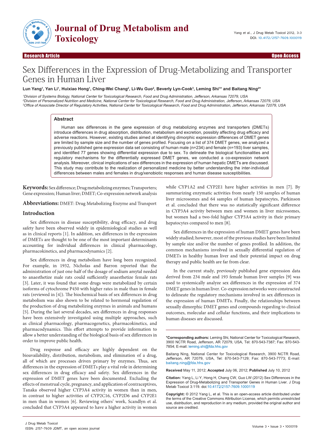 Sex Differences in the Expression of Drug-Metabolizing and Transporter