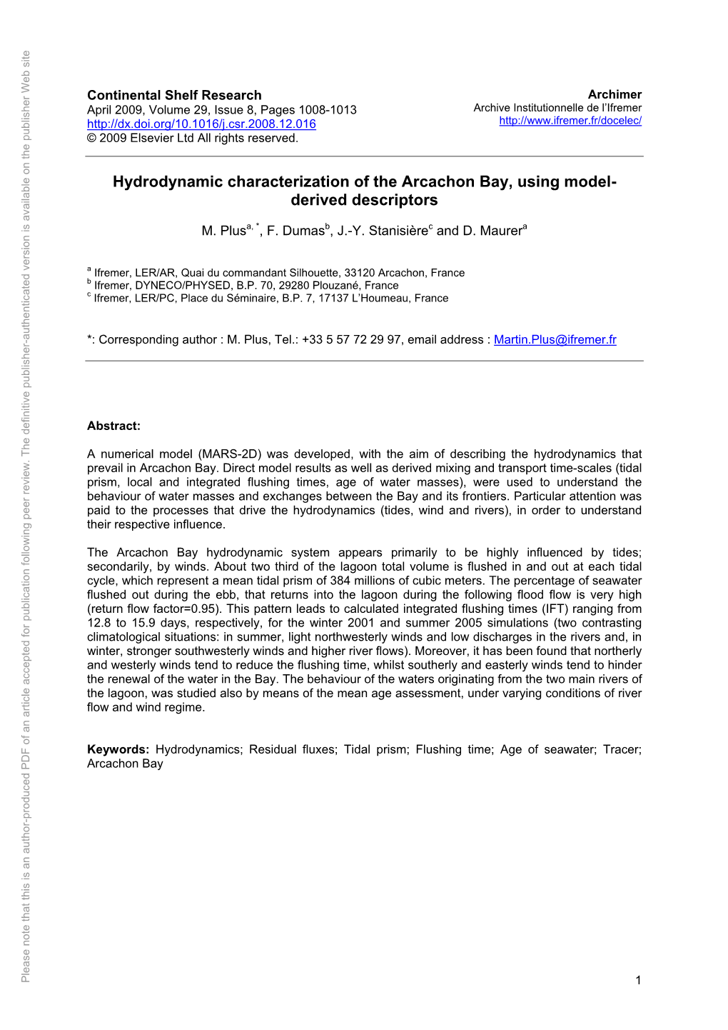 Hydrodynamic Characterization of the Arcachon Bay, Using Model-Derived Descriptors