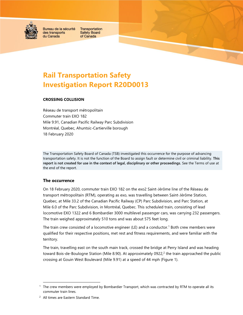 Rail Transportation Safety Investigation Report R20D0013