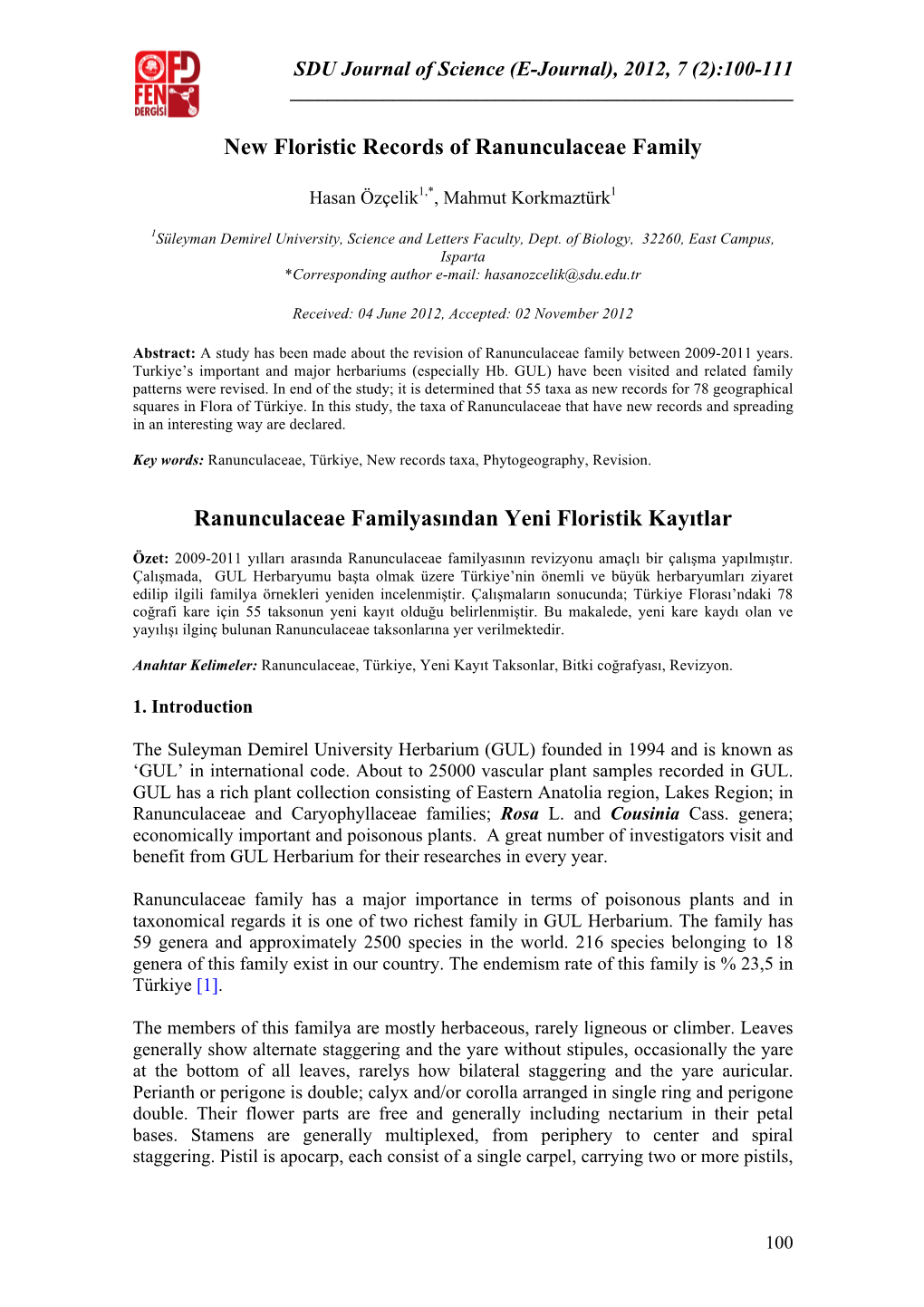 New Floristic Records of Ranunculaceae Family