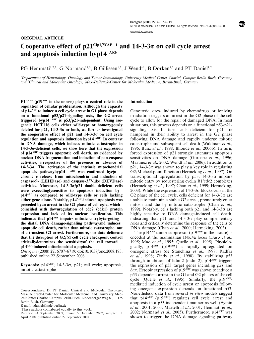 Cooperative Effect of P21cip1/WAFА1 and 14-3-3R on Cell Cycle Arrest and Apoptosis Induction by P14arf
