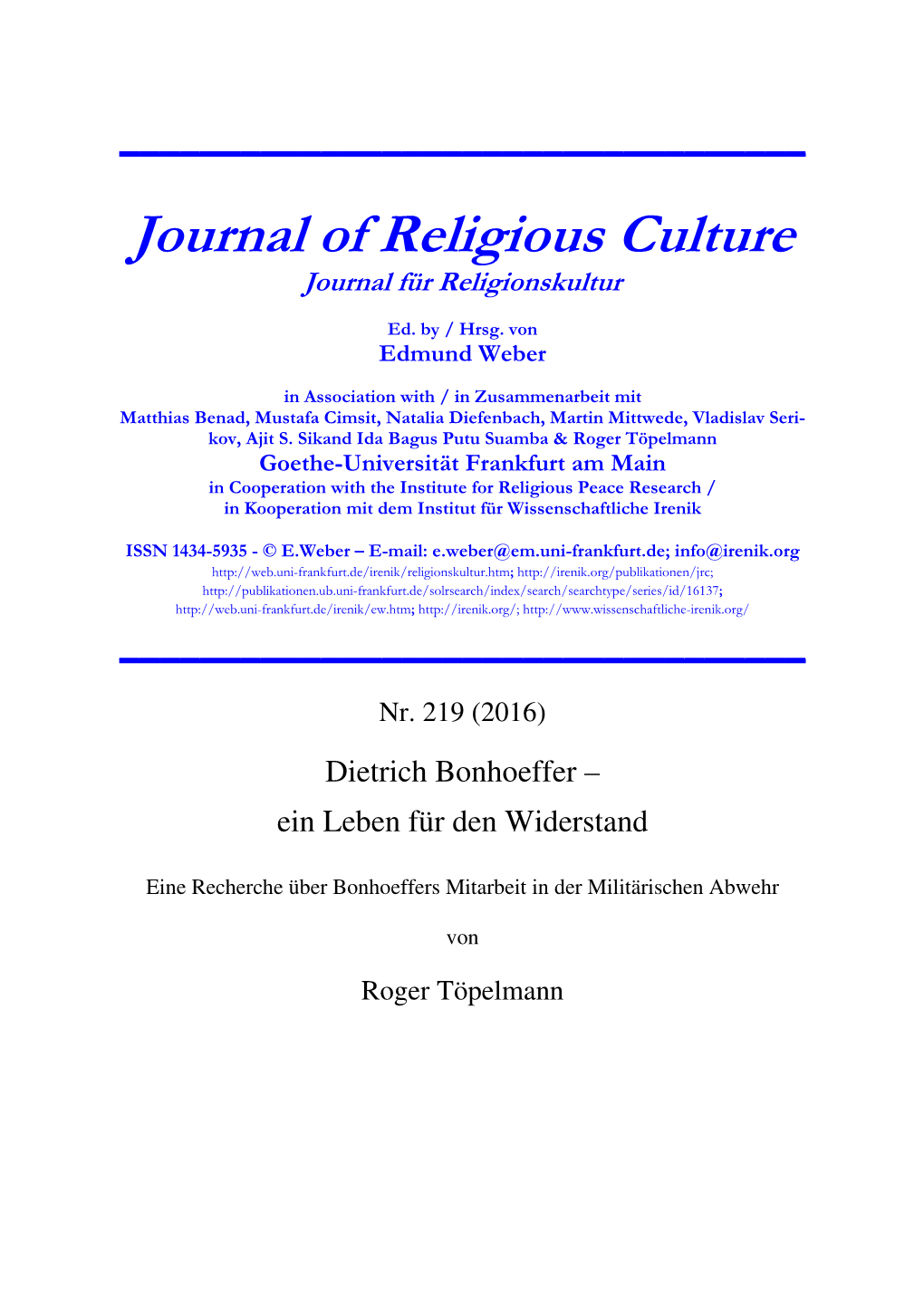 Journal of Religious Culture Journal Für Religionskultur