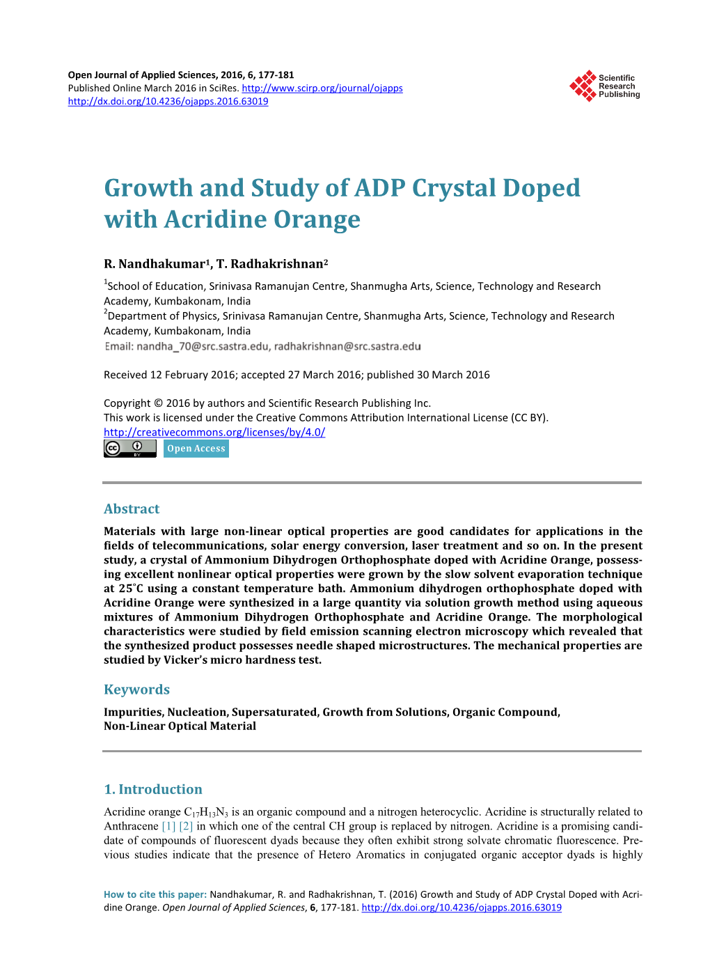 Growth and Study of ADP Crystal Doped with Acridine Orange
