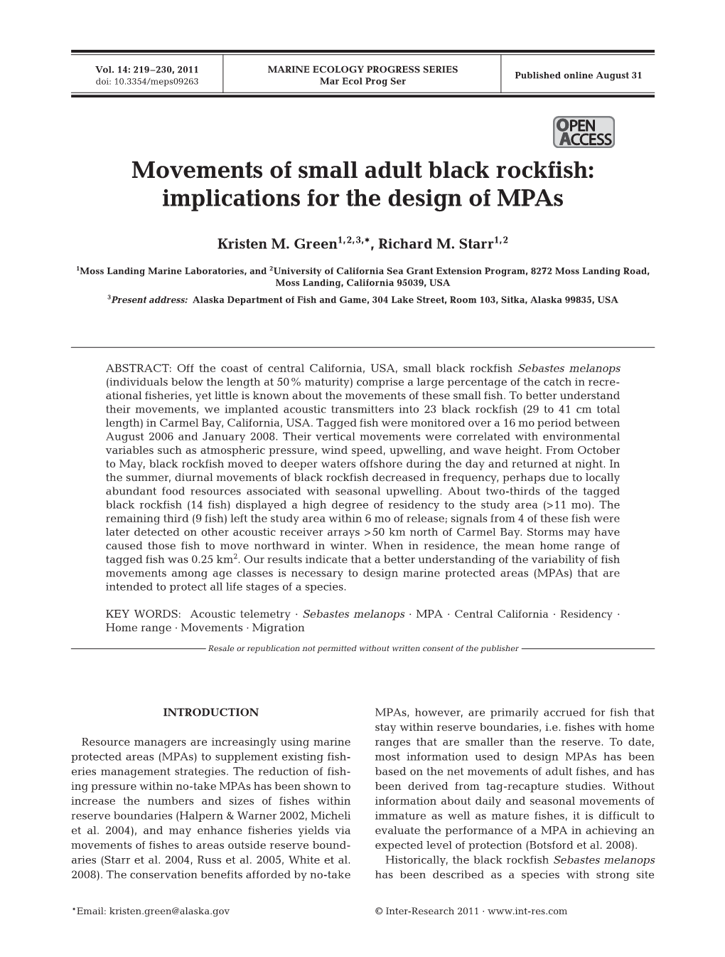 Movements of Small Adult Black Rockfish: Implications for the Design of Mpas