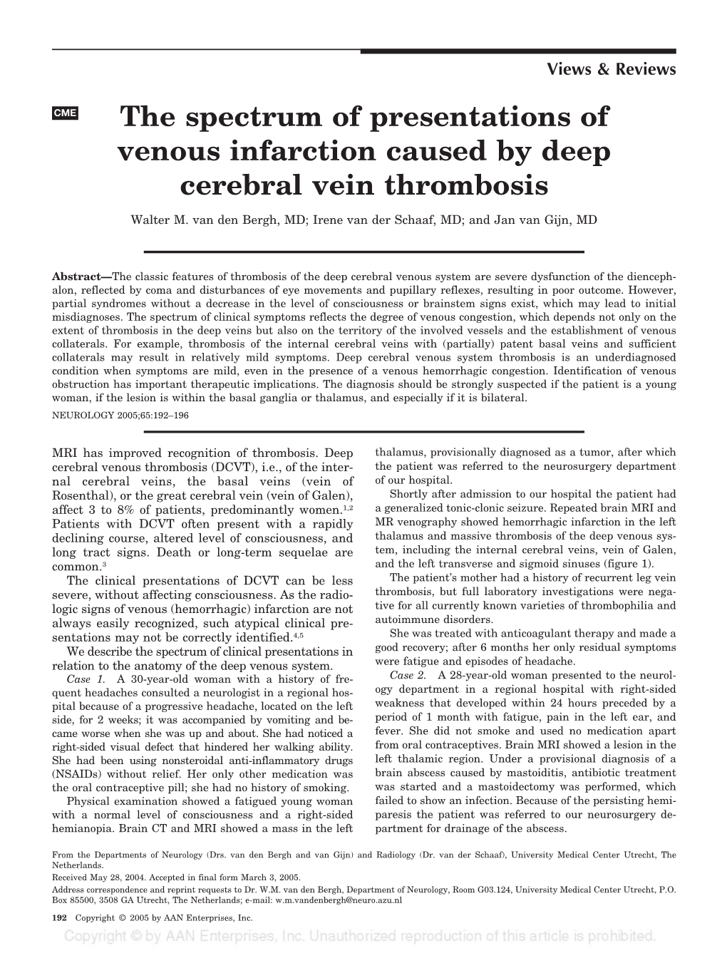 The Spectrum of Presentations of Venous Infarction Caused by Deep Cerebral Vein Thrombosis