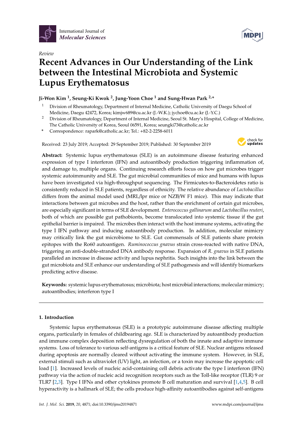 Recent Advances in Our Understanding of the Link Between the Intestinal Microbiota and Systemic Lupus Erythematosus