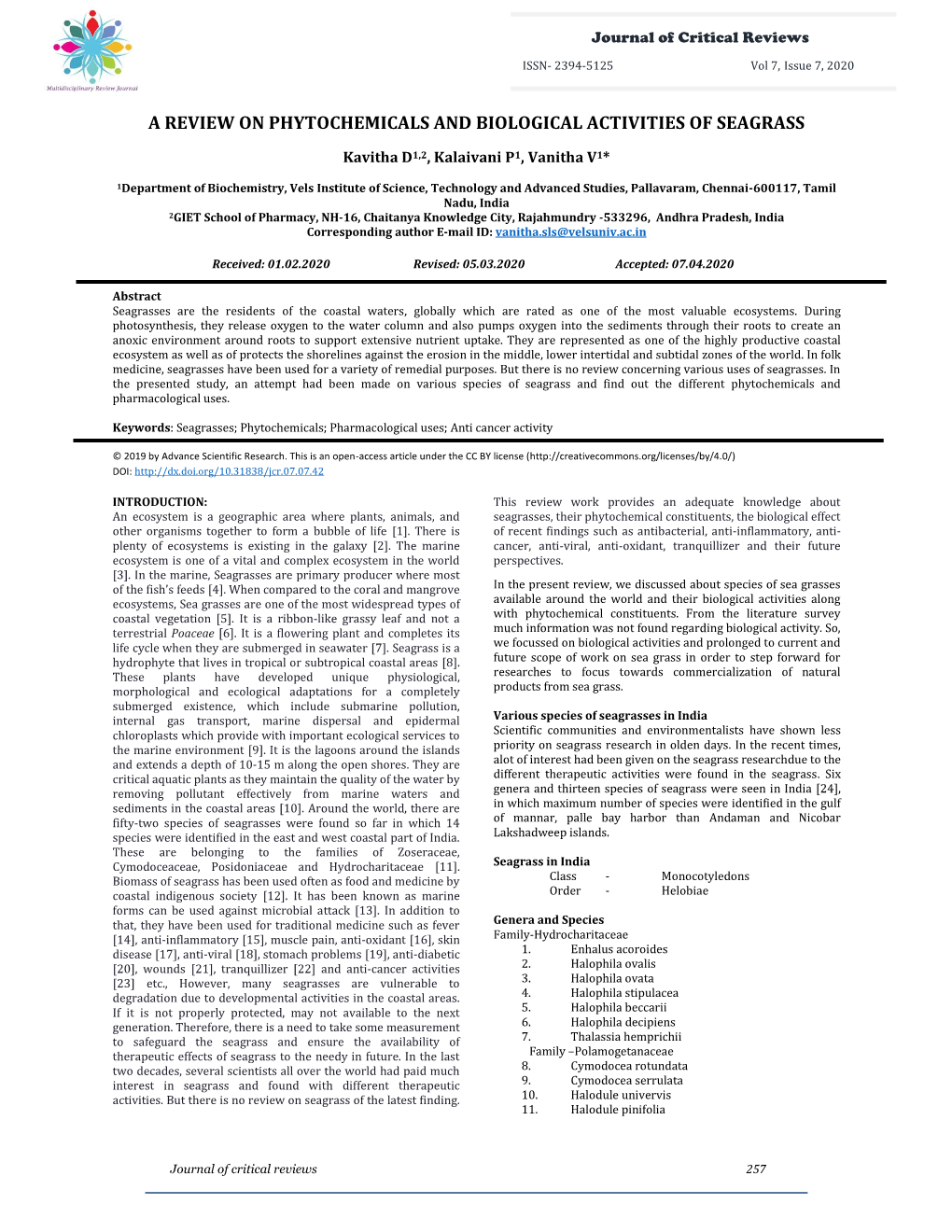 A Review on Phytochemicals and Biological Activities of Seagrass