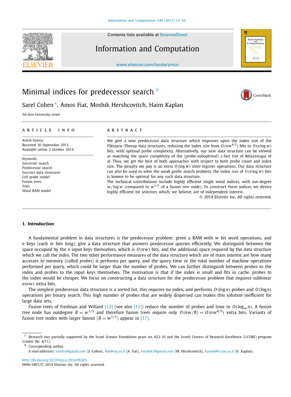 Minimal Indices for Predecessor Search ∗ Sarel Cohen , Amos Fiat, Moshik Hershcovitch, Haim Kaplan