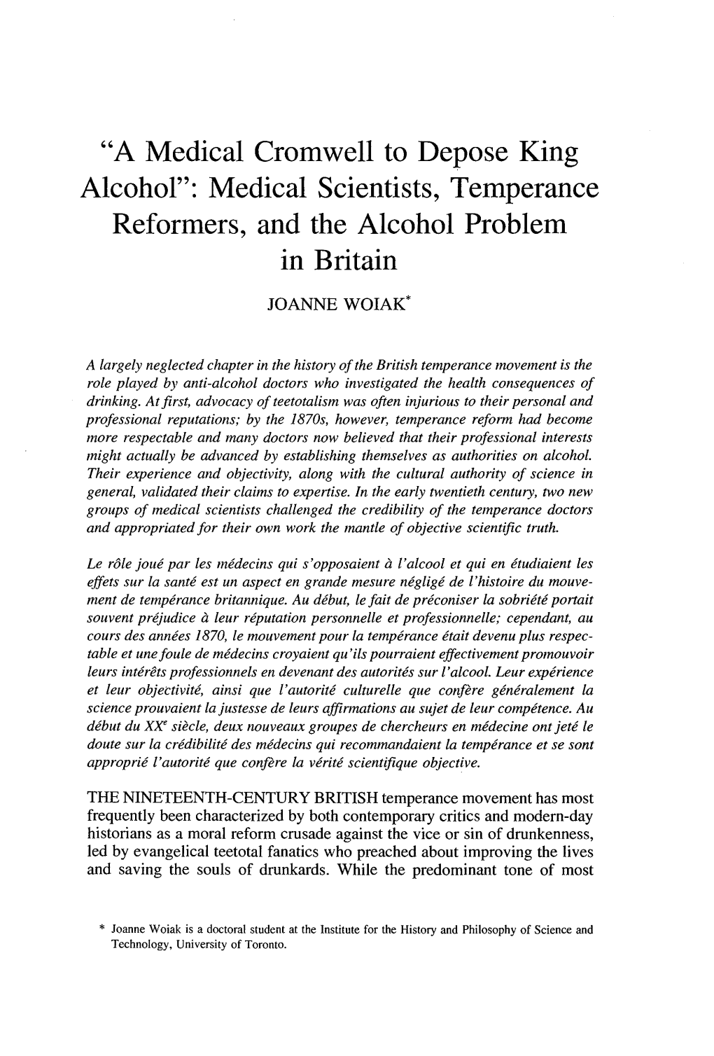 Medical Scientists, Temperance Reformers, and the Alcohol Problem in Britain