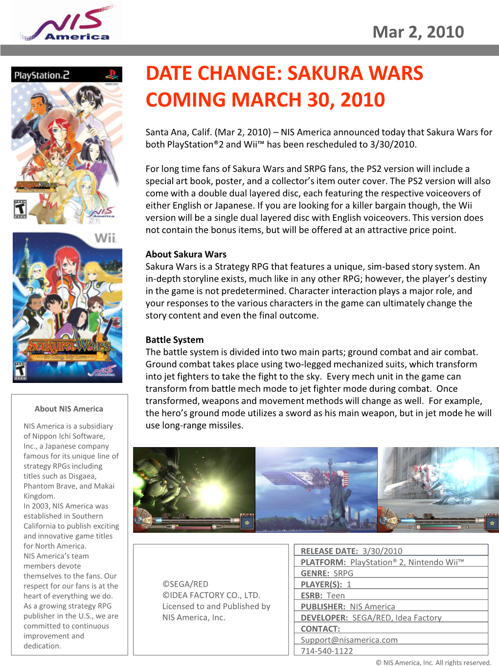Sakura Wars Coming March 30, 2010