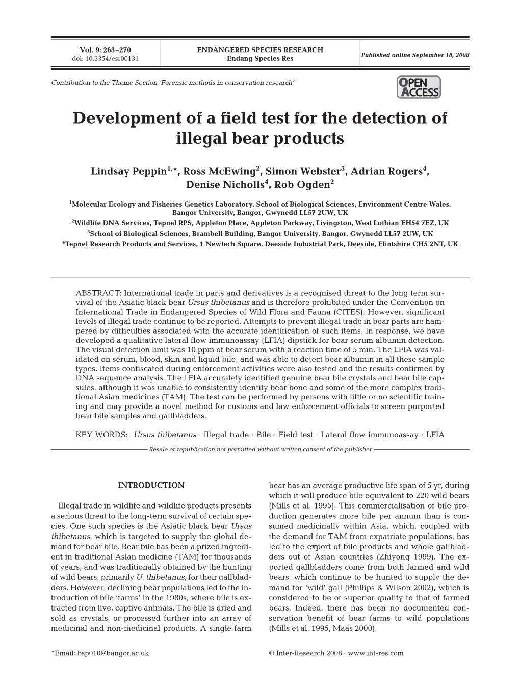 Development of a Field Test for the Detection of Illegal Bear Products