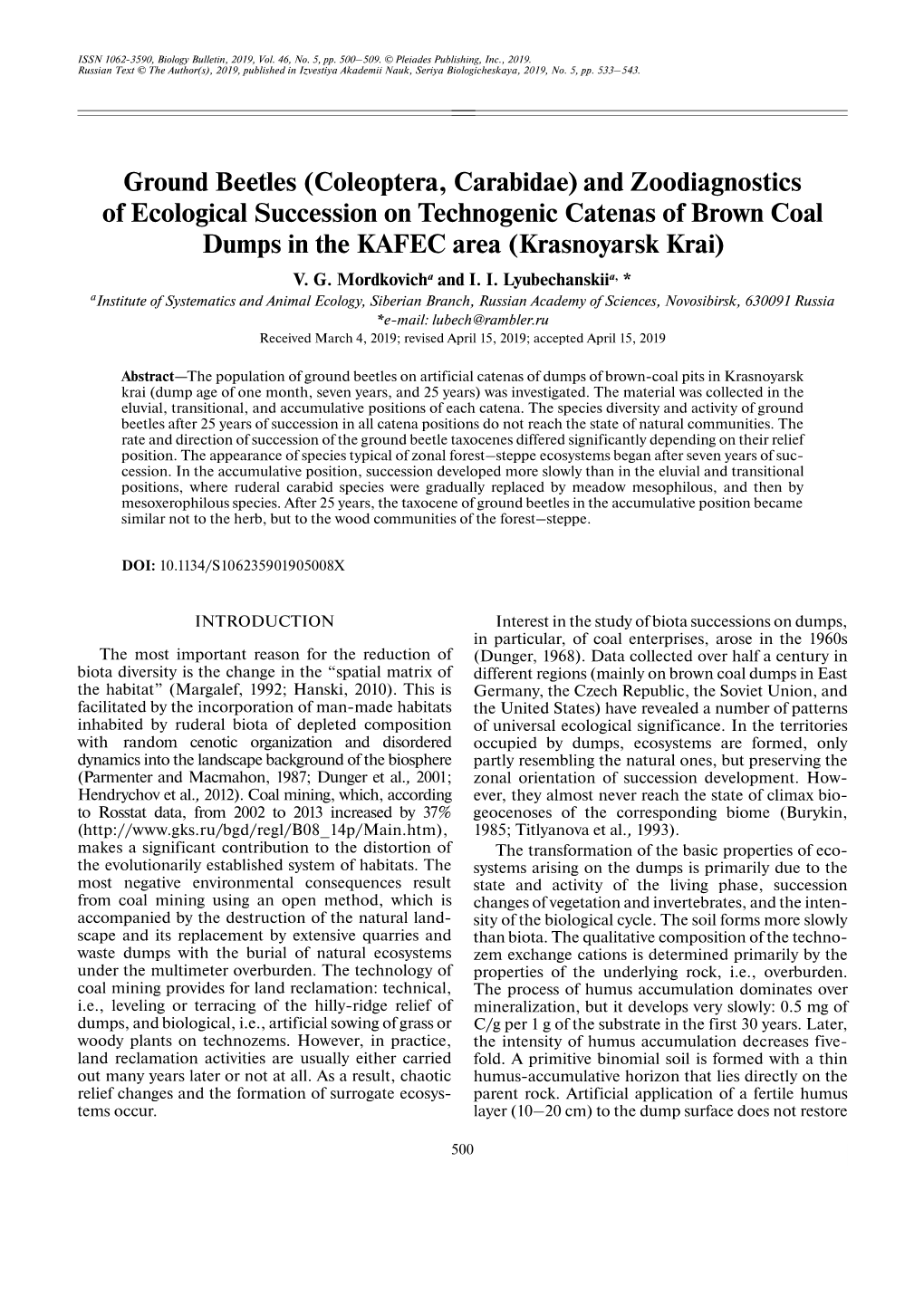 Ground Beetles (Coleoptera, Carabidae) and Zoodiagnostics of Ecological Succession on Technogenic Catenas of Brown Coal Dumps in the KAFEC Area (Krasnoyarsk Krai) V