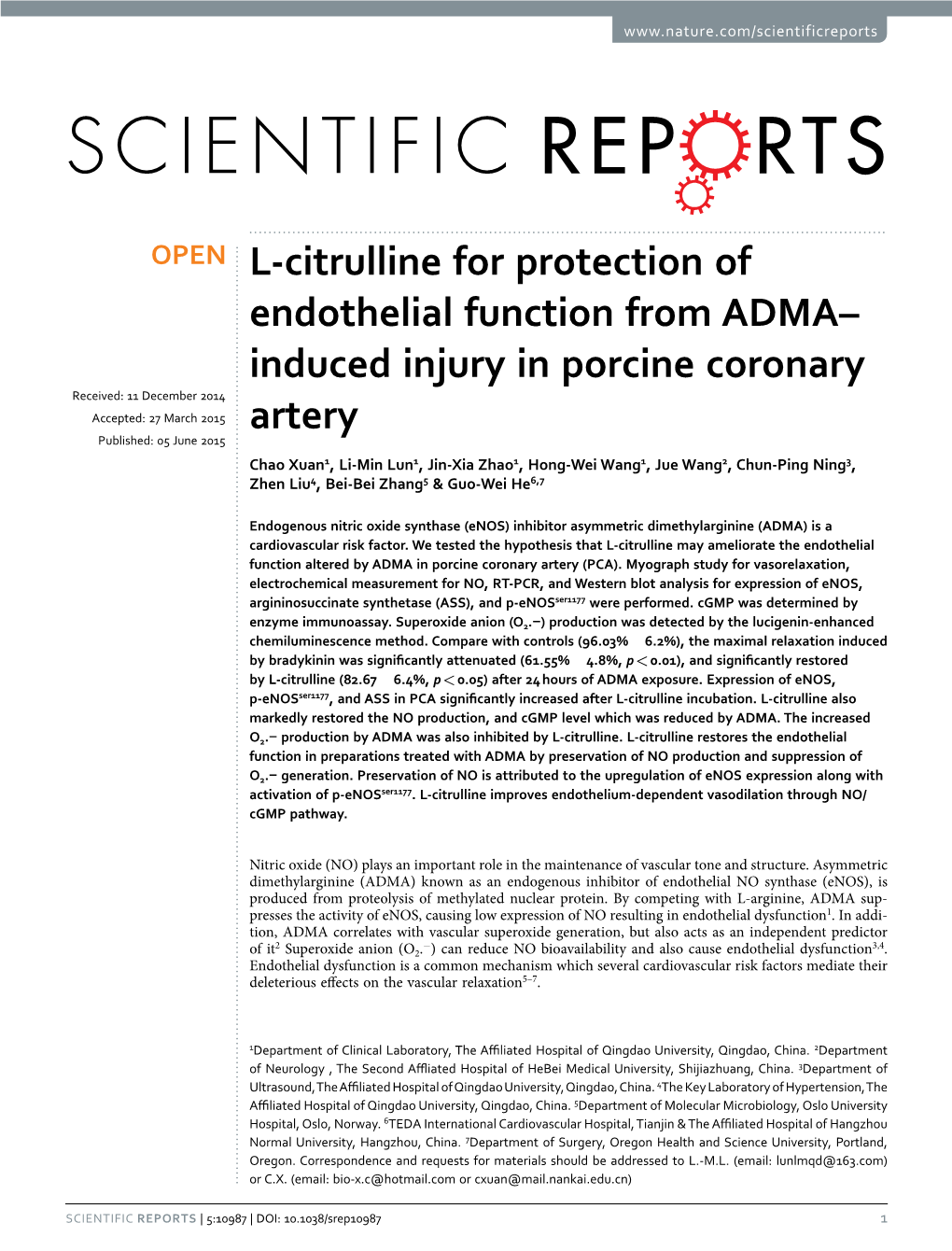 L-Citrulline for Protection of Endothelial Function from ADMA–Induced Injury in Porcine Coronary Artery