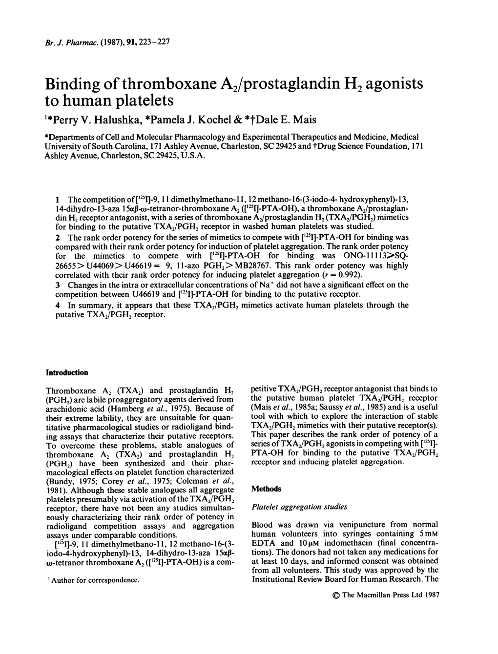 Binding of Thromboxane A2/Prostaglandin H2