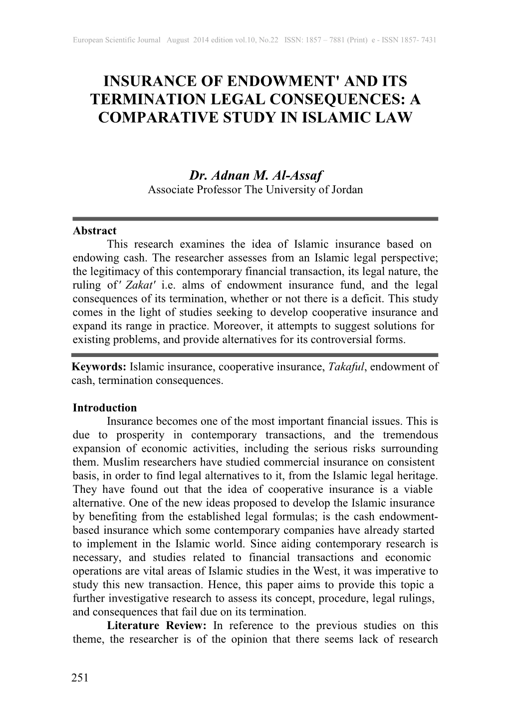Insurance of Endowment' and Its Termination Legal Consequences: a Comparative Study in Islamic Law