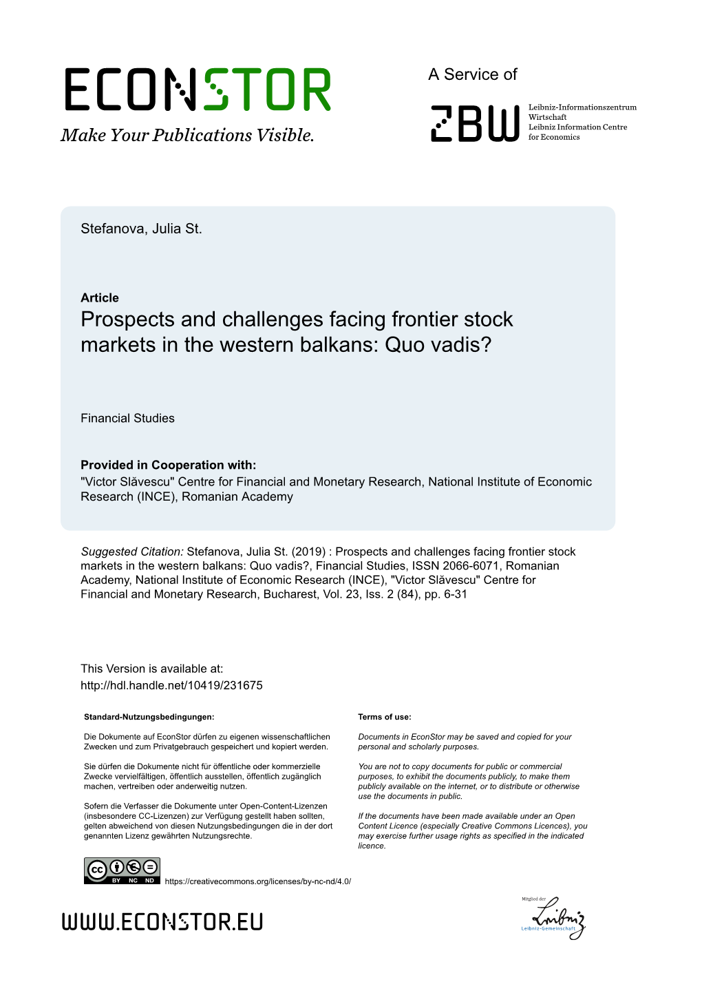 Prospects and Challenges Facing Frontier Stock Markets in the Western Balkans: Quo Vadis?