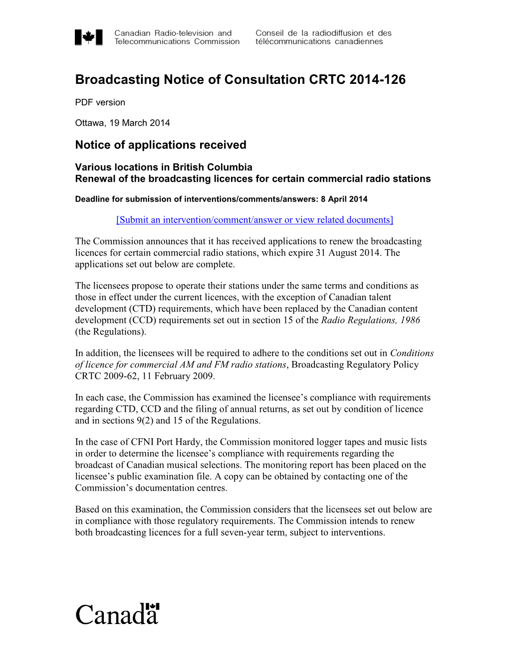 Broadcasting Notice of Consultation CRTC 2014-126