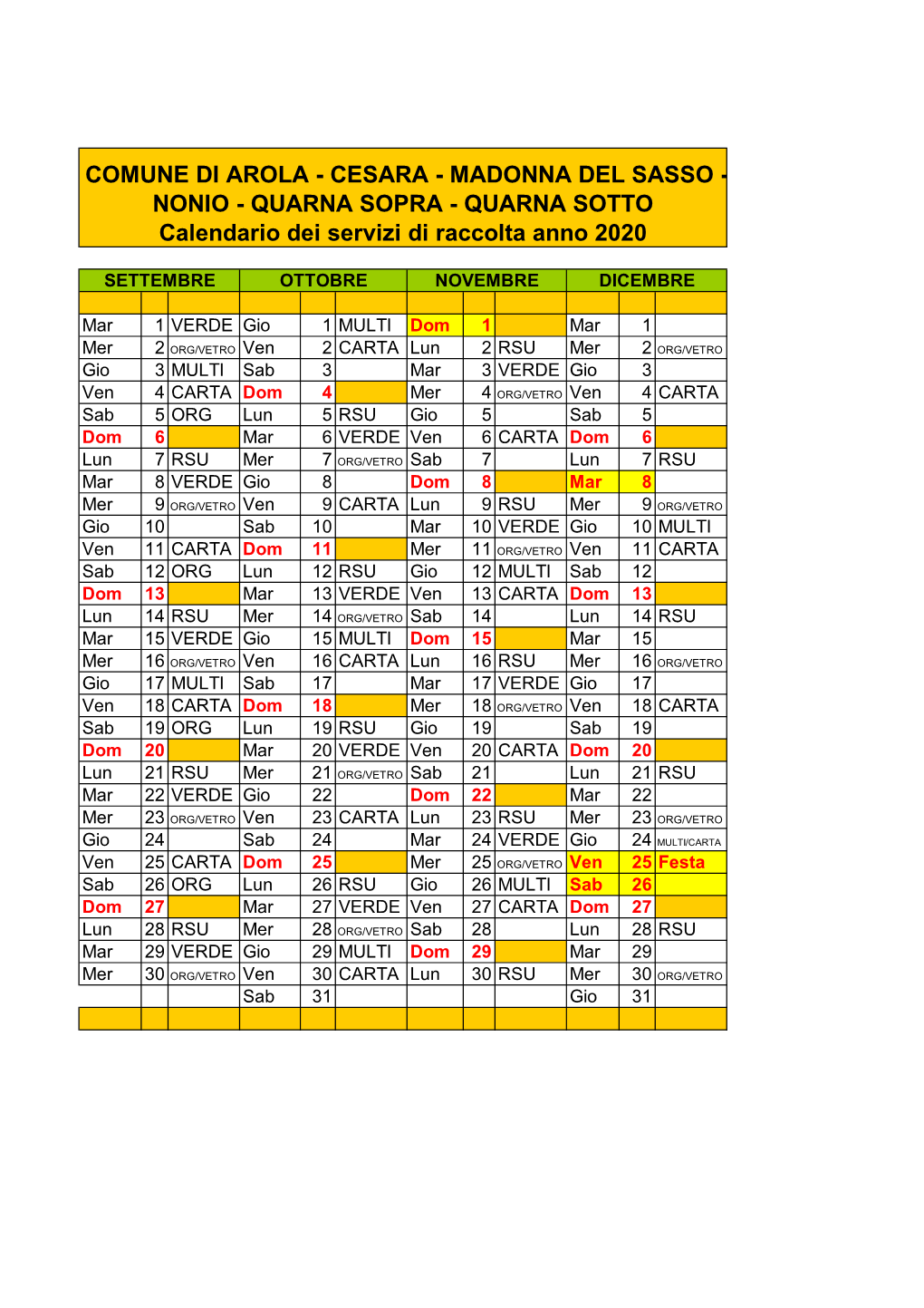 Calendario Alto Cusio Occidentale