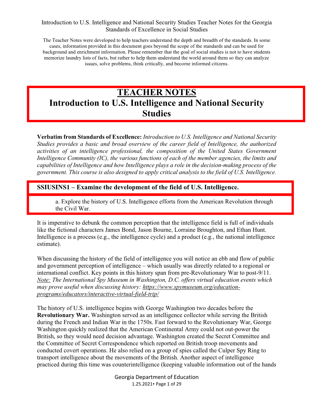 TEACHER NOTES Introduction to U.S. Intelligence and National Security Studies