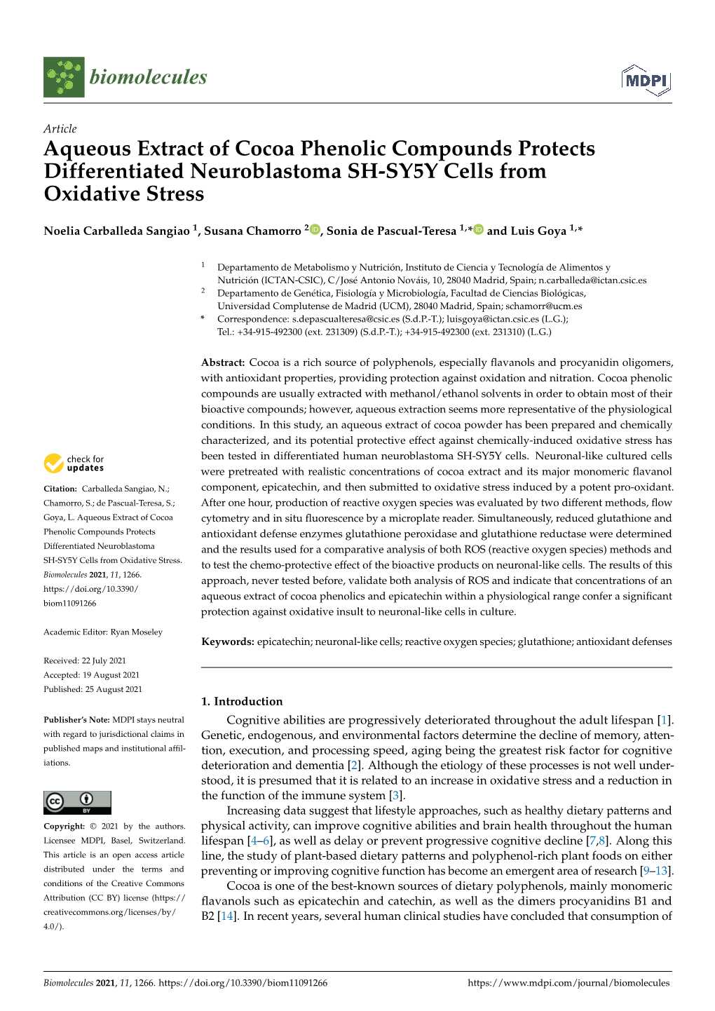 Aqueous Extract of Cocoa Phenolic Compounds Protects Differentiated Neuroblastoma SH-SY5Y Cells from Oxidative Stress