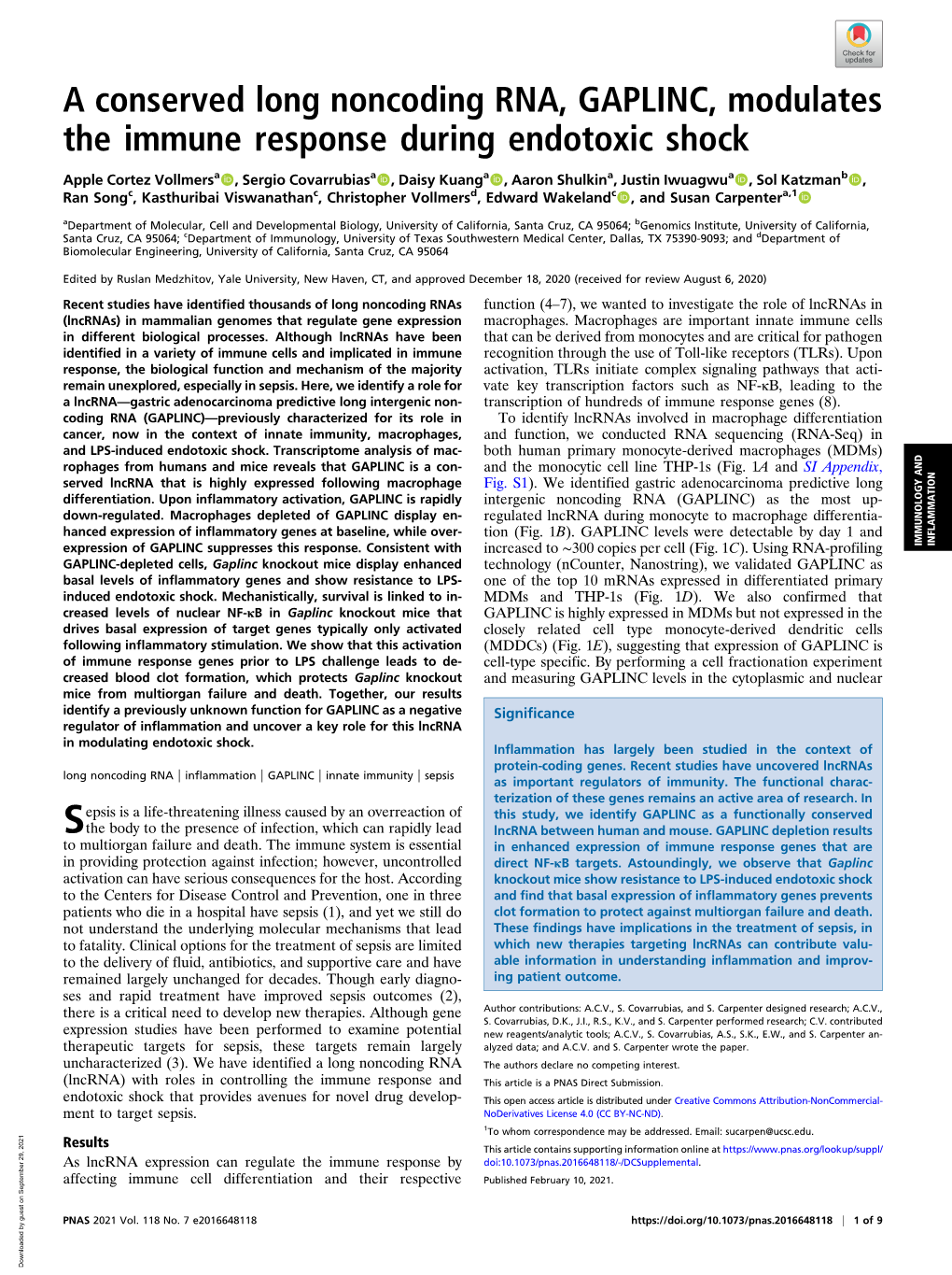 A Conserved Long Noncoding RNA, GAPLINC, Modulates the Immune Response During Endotoxic Shock