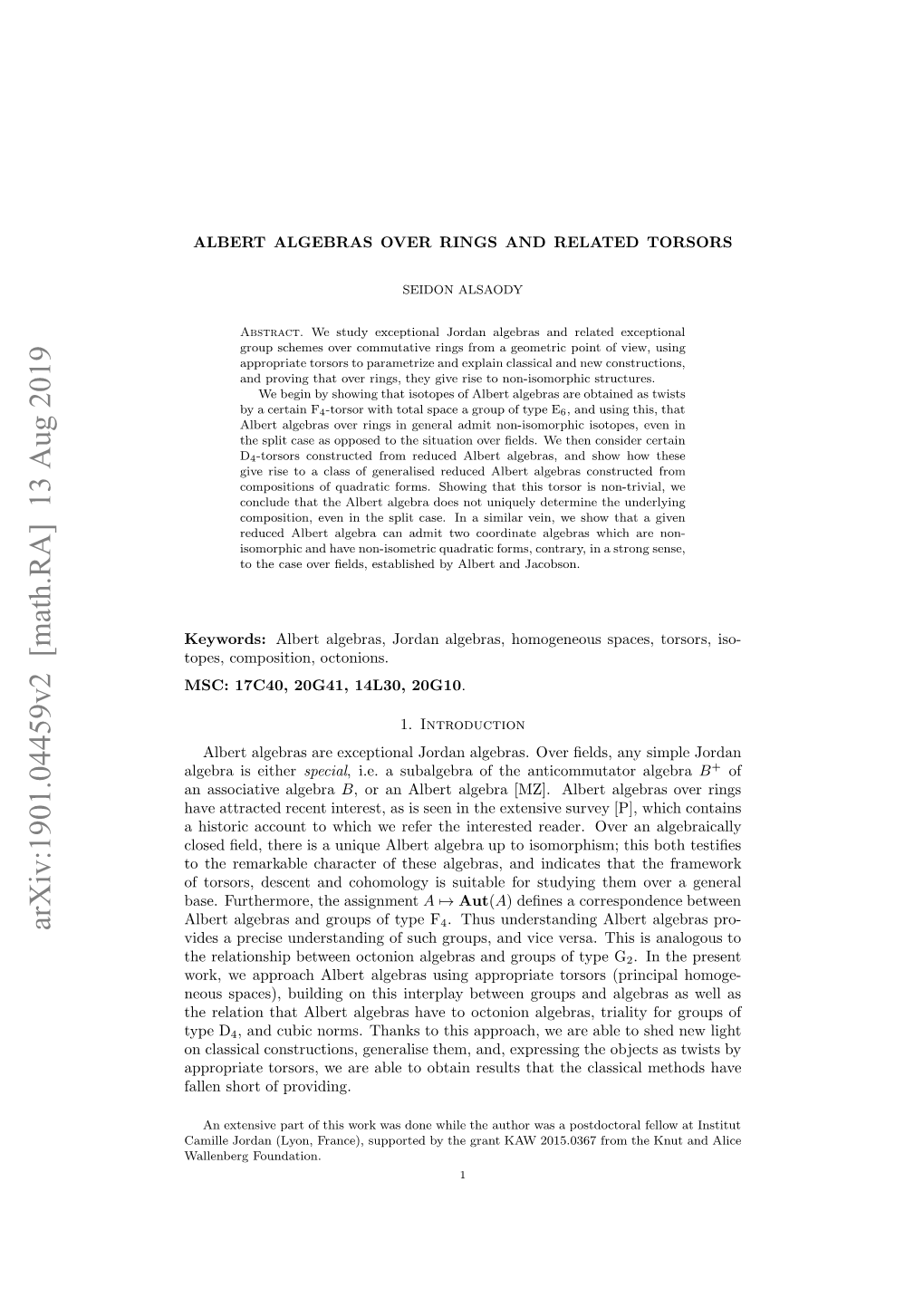 ALBERT ALGEBRAS OVER RINGS and RELATED TORSORS 3 in [KMRT] and [AG]