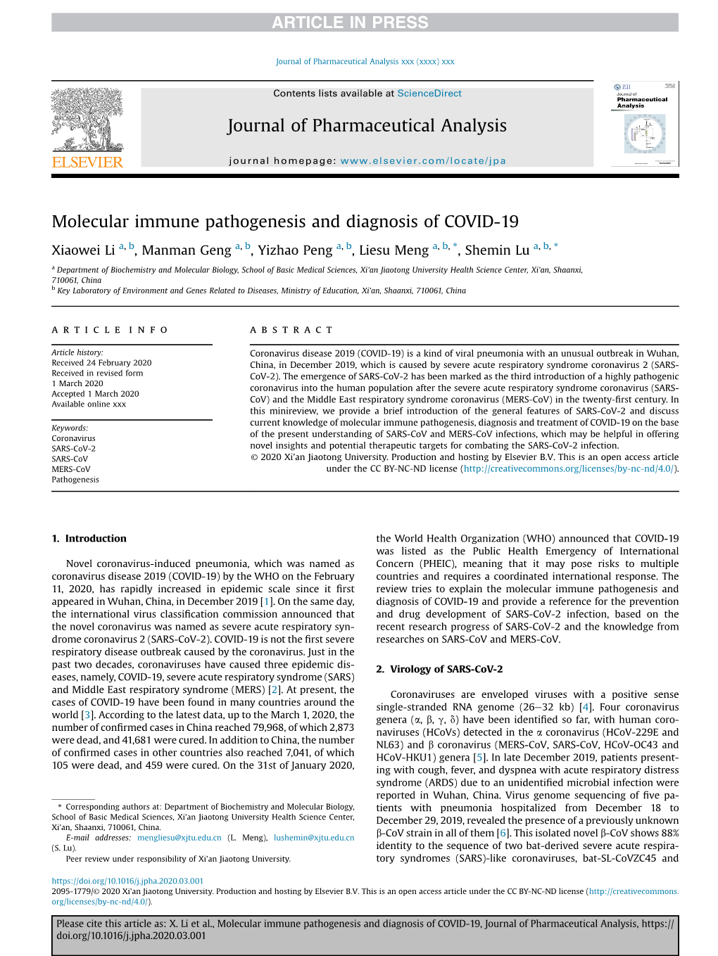 Molecular Immune Pathogenesis and Diagnosis of COVID-19