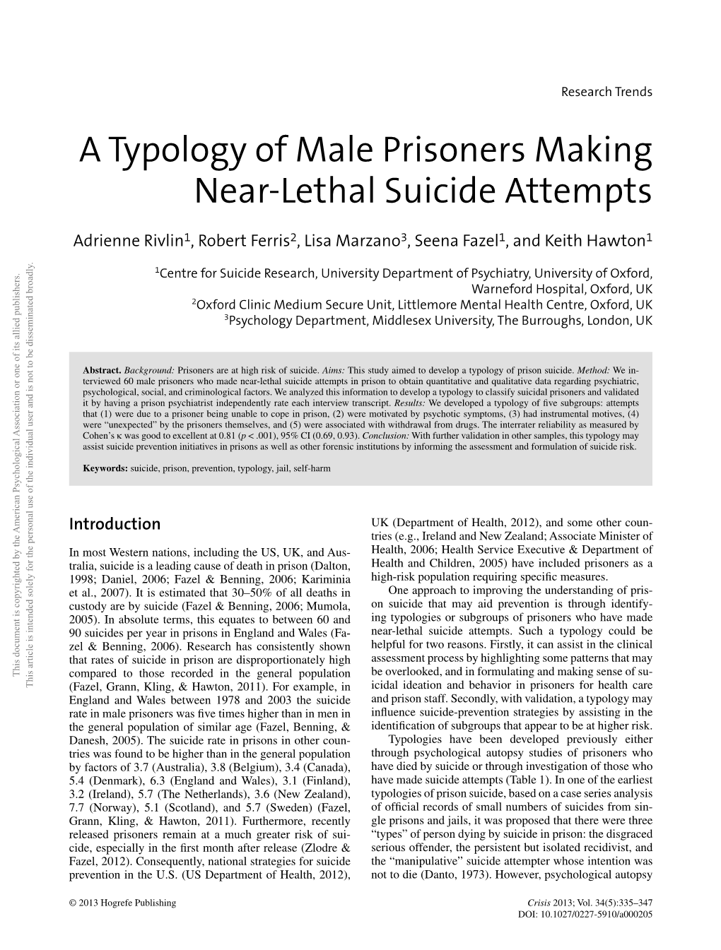 A Typology of Male Prisoners Making Near-Lethal Suicide Attempts