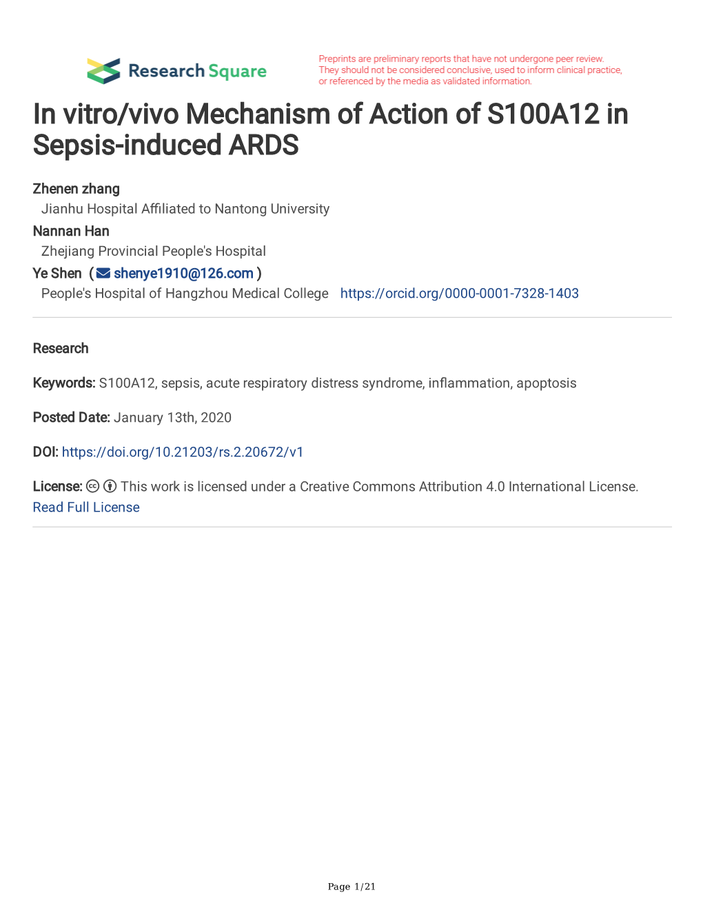 In Vitro/Vivo Mechanism of Action of S100A12 in Sepsis-Induced ARDS