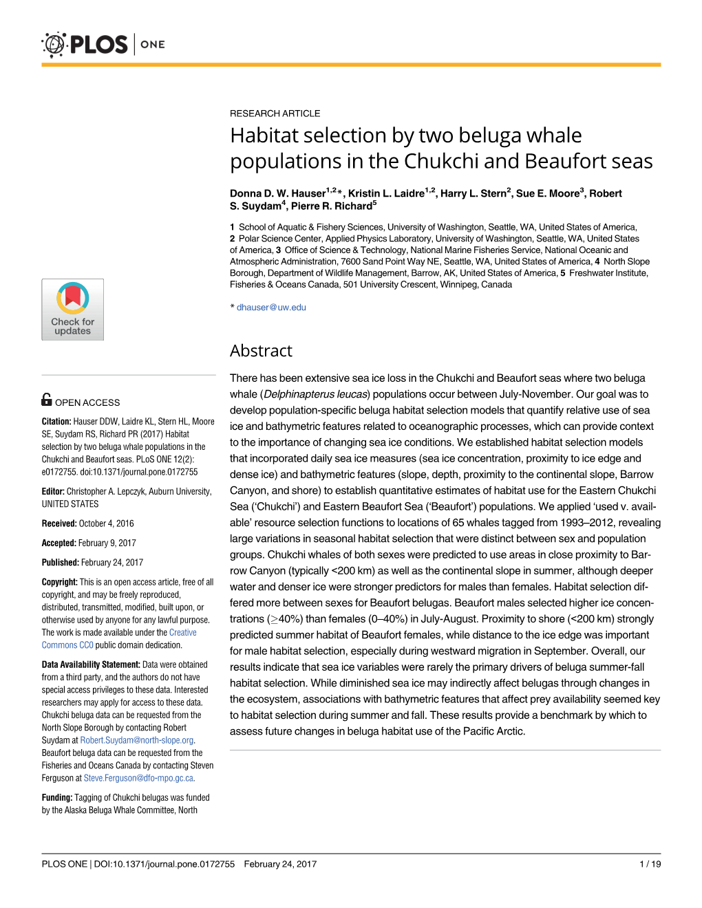 Habitat Selection by Two Beluga Whale Populations in the Chukchi and Beaufort Seas