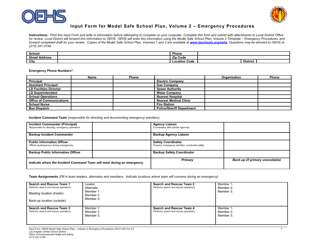 Input Form for Model Safe School Plan, Volume 2 Emergency Procedures