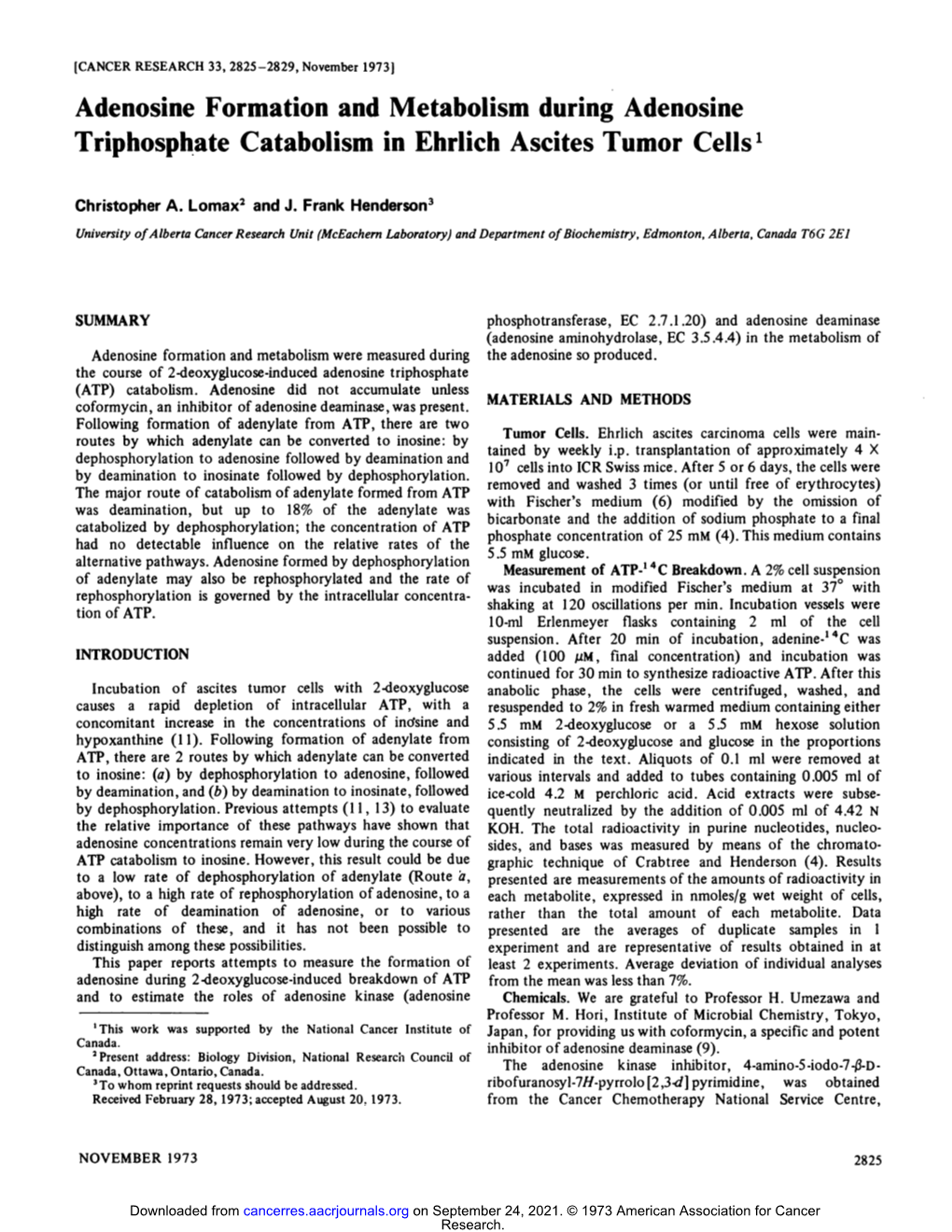 Adenosine Formation and Metabolism During Adenosine Triphosphate Catabolism in Ehrlich Ascites Tumor Cells1