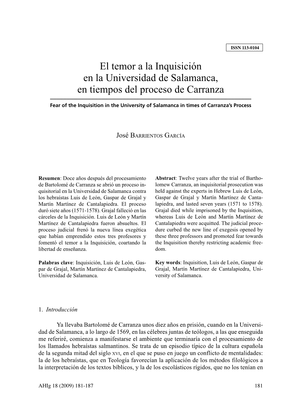 El Temor a La Inquisición En La Universidad De Salamanca, En Tiempos Del Proceso De Carranza