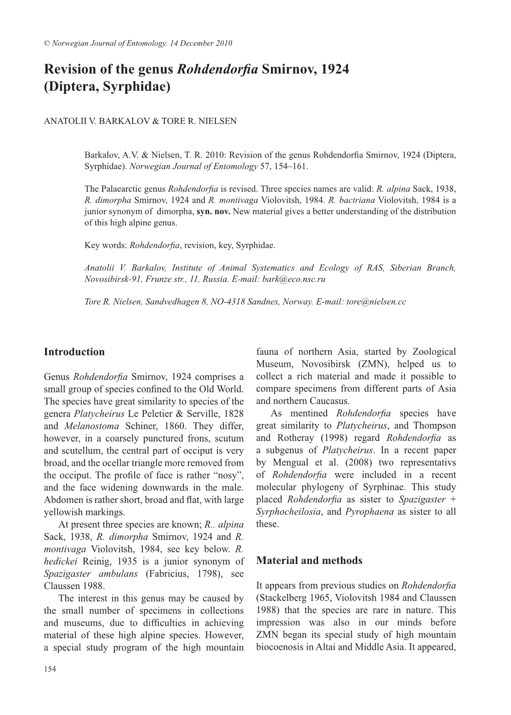 Revision of the Genus Rohdendorfia Smirnov, 1924 (Diptera, Syrphidae)