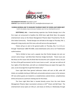 Florida Georgia Line to Headline Thursday Night of Coors Light Birds Nest Tickets for General Public Go on Sale Thursday, Nov