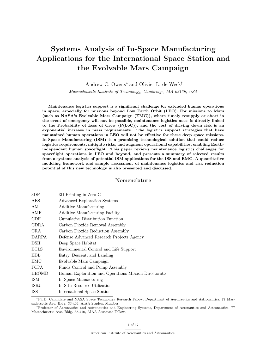 Systems Analysis of In-Space Manufacturing Applications for the International Space Station and the Evolvable Mars Campaign