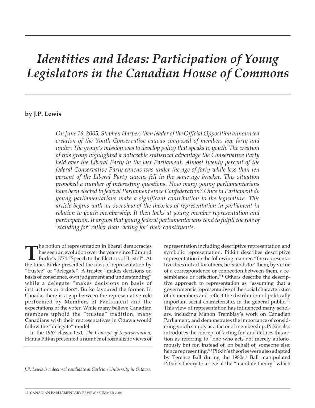 Participation of Young Legislators in the Canadian House of Commons