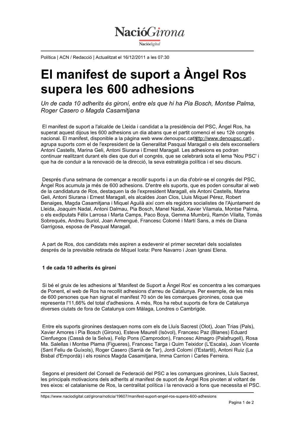El Manifest De Suport a Àngel Ros Supera Les 600 Adhesions